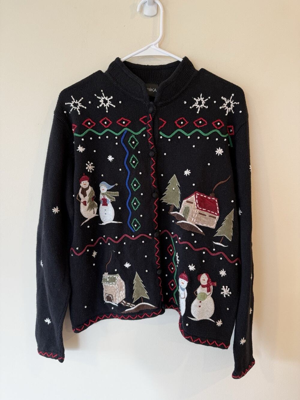 Erika Winter Snowmen Ski Snow Cardigan Large Cottagecore Grandma Ugly Cabincore